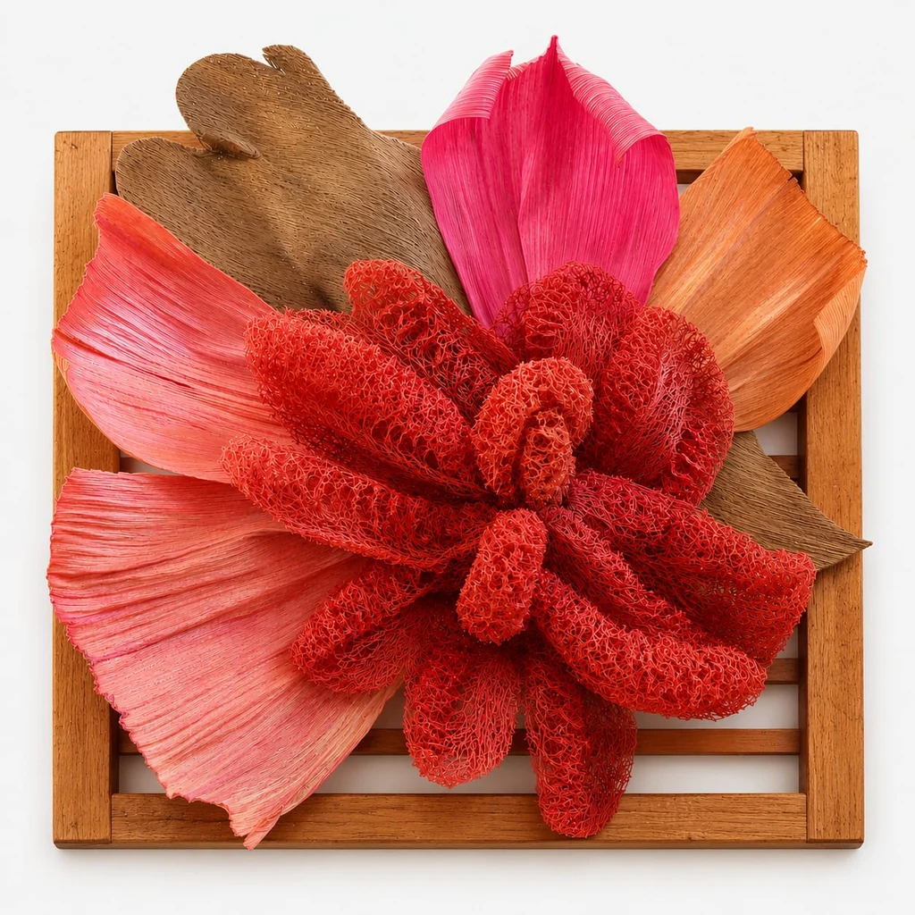 Peça de parede: flor vermelha de fibra vegetal com folhas de palha coloridas sobre moldura de madeira